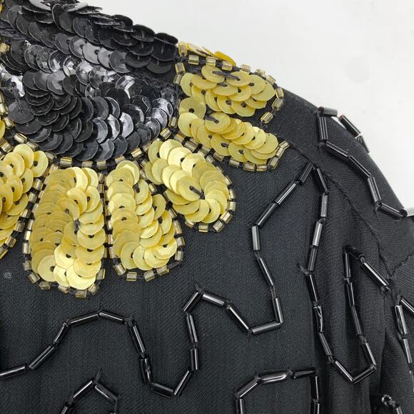 Vintage Silk Sequin Beaded Jacket Womens XL Open Front Evening Top Black Gold - Picture 6 of 6